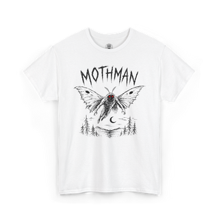 A white short-sleeve crewneck t-shirt featuring a black graphic of a moth with a red jewel on its thorax, above a forest and moon design, with the word 'MOTHMAN' printed above. A small 'BS' logo is visible inside the collar.