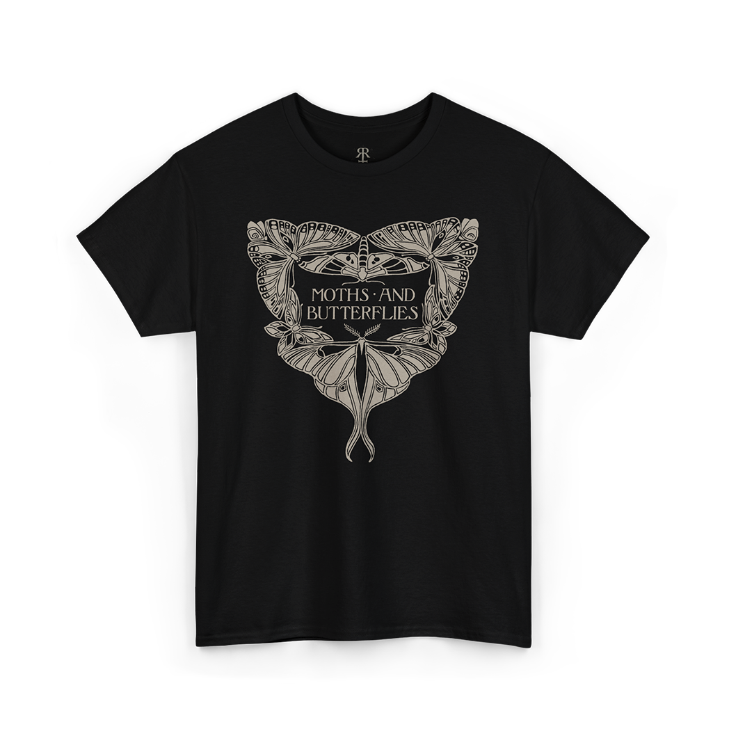 Black t-shirt with moth and butterfly design