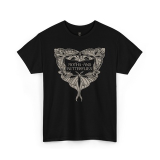 Black t-shirt with moth and butterfly design