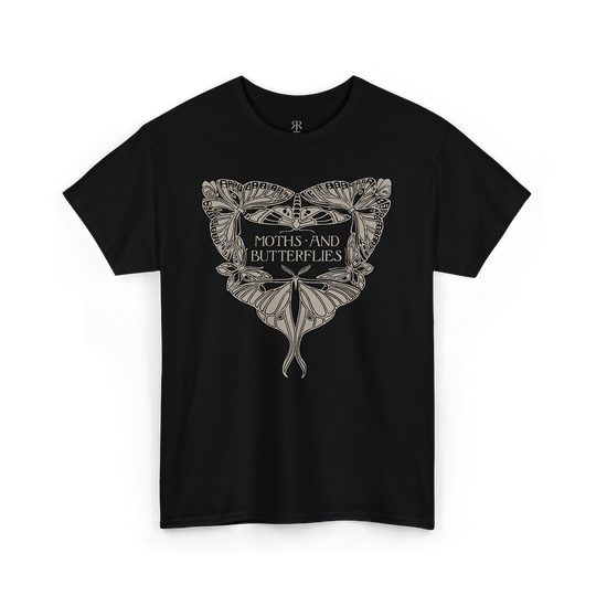 Black t-shirt with moth and butterfly design