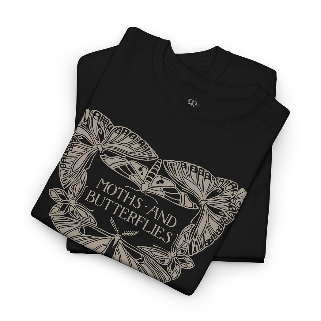 Black t-shirt with moth and butterfly design