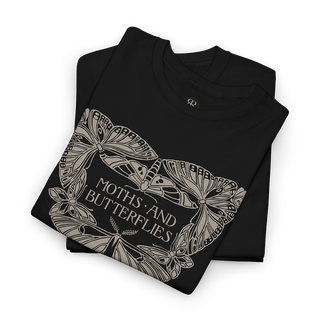 Black t-shirt with moth and butterfly design