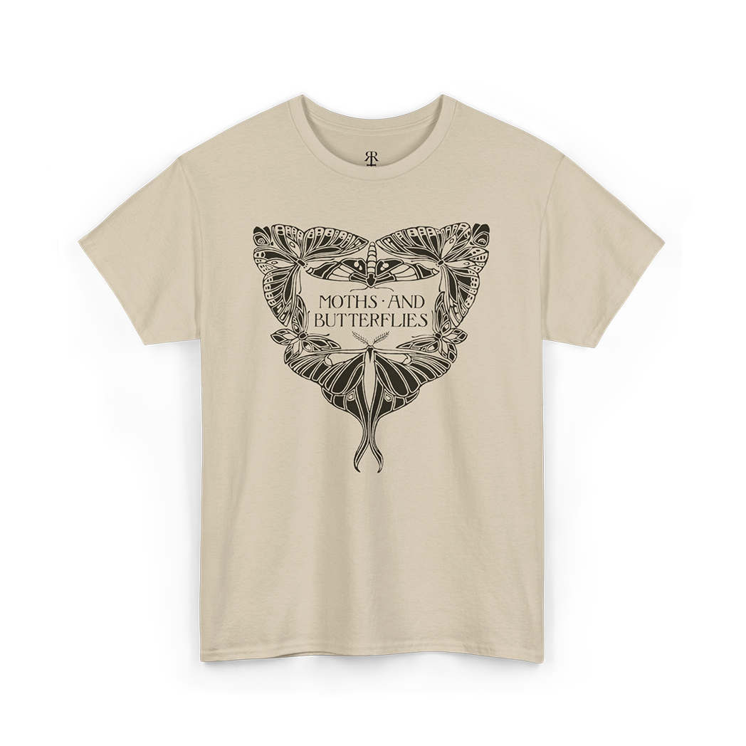 Beige t-shirt with moth and butterfly design