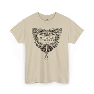 Beige t-shirt with moth and butterfly design