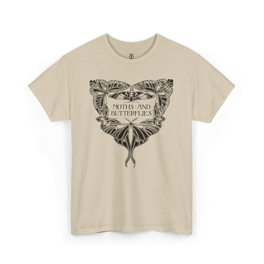 Beige t-shirt with moth and butterfly design