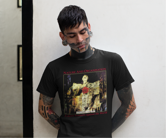 Man wearing Nature And Organisation A Dozen Summers Against The World T-Shirt