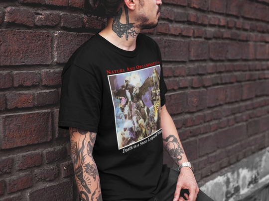 Man wearing Nature and Organisation Death in a Snow Leopard Winter T-Shirt
