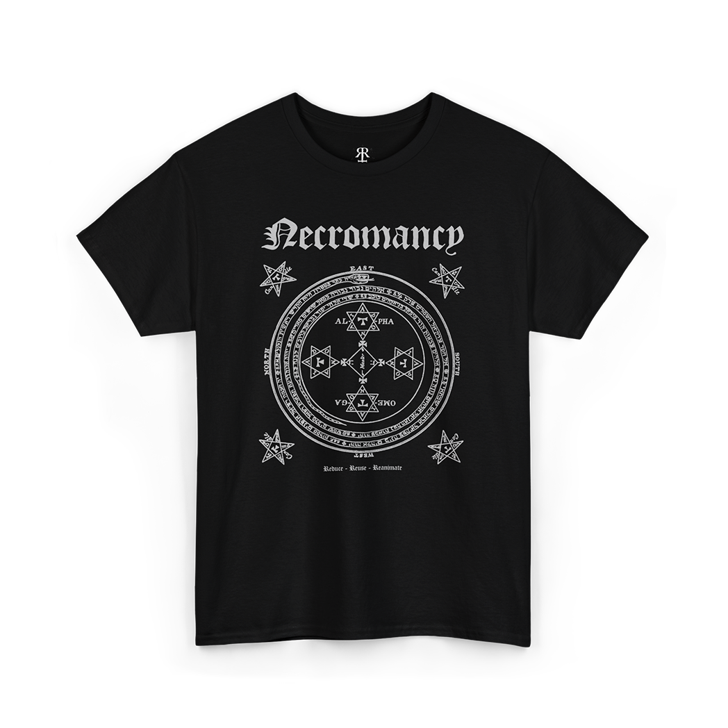 Necromancy T-Shirt, showing occult symbols, most notably one for Lesser Key of Solomon, black