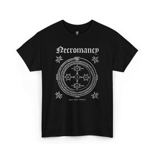 Necromancy T-Shirt, showing occult symbols, most notably one for Lesser Key of Solomon, black