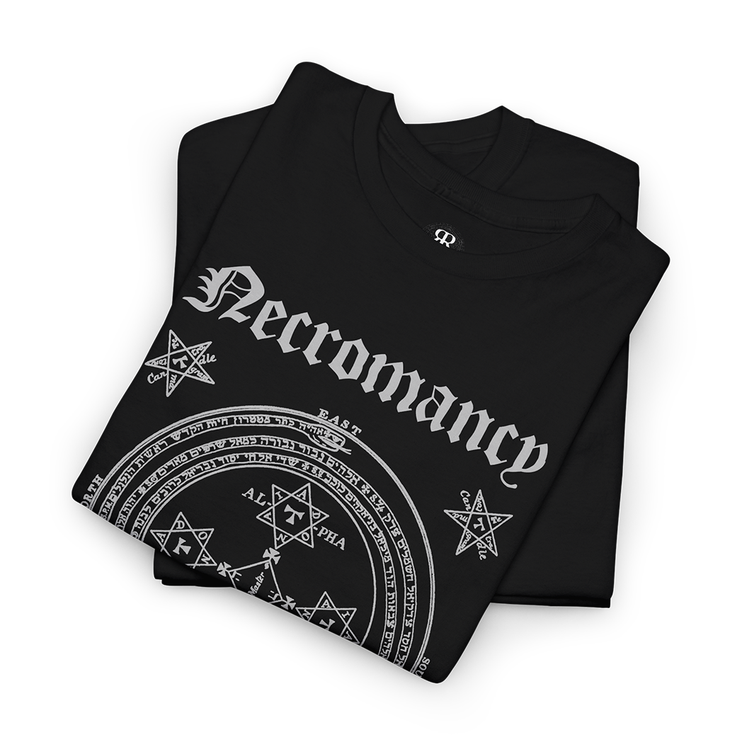 Necromancy T-Shirt, showing occult symbols, most notably one for Lesser Key of Solomon, black