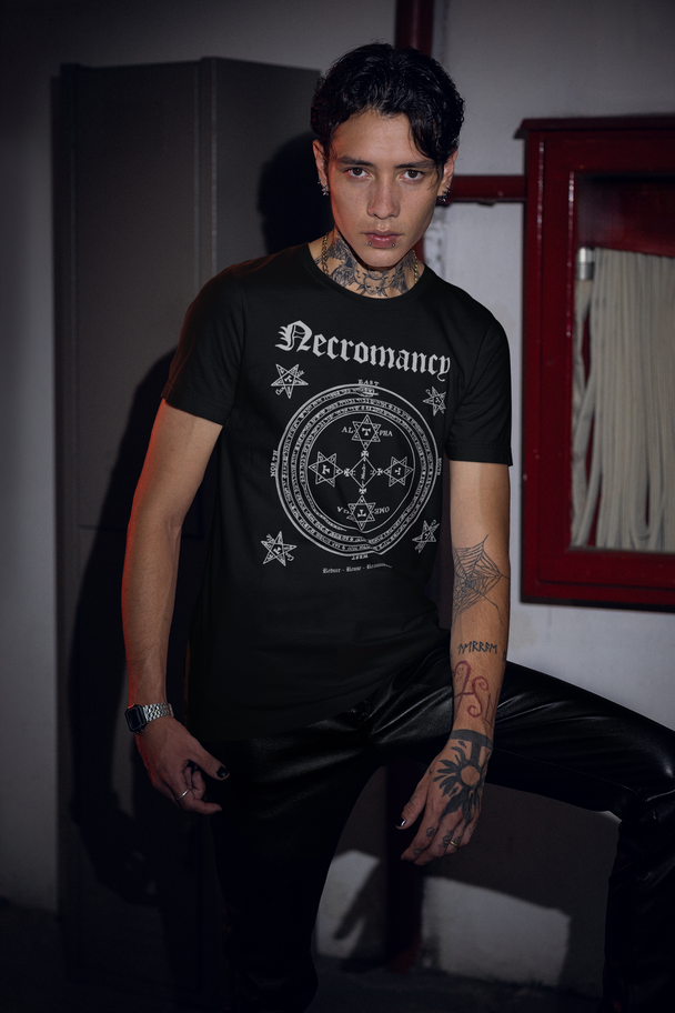Man wearing black Necromancy T-Shirt