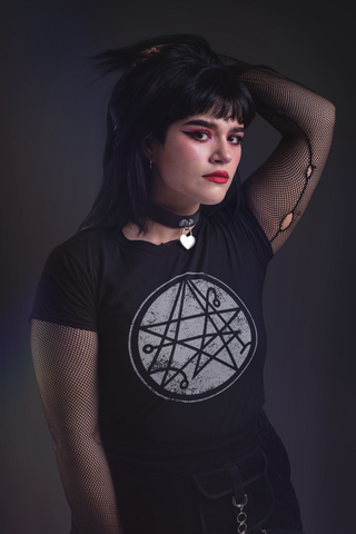 Woman wearing Necronomicon T-Shirt
