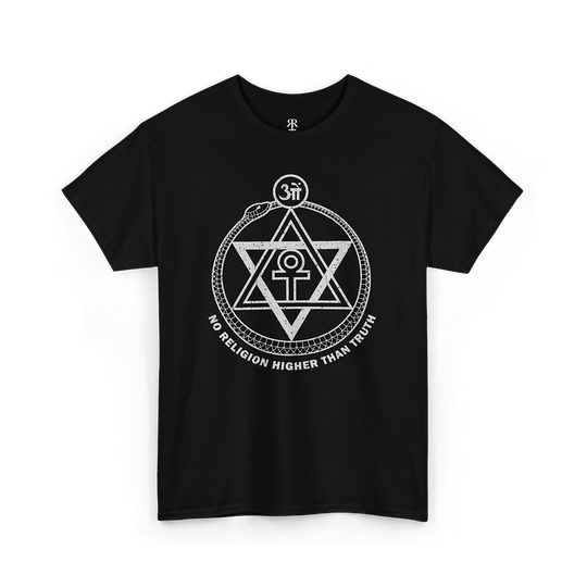 Black t-shirt with a print of a theosophical symbol and the text 'no religion higher than truth'.