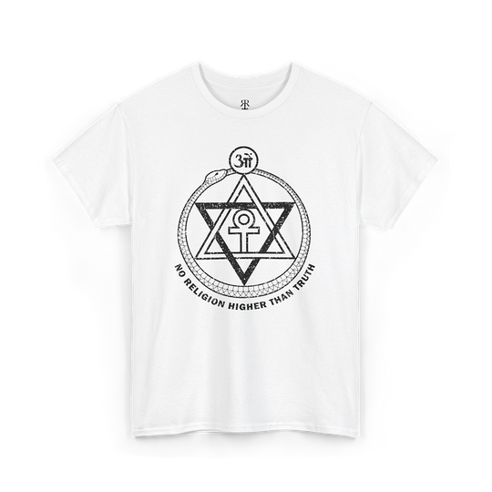 White t-shirt with a print of a theosophical symbol and the text 'no religion higher than truth'.
