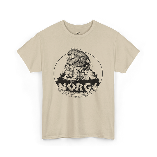 Sand t-shirt with a graphic print of a troll and the text 'NORGE THE LAND OF TROLLS'.