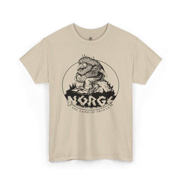 Sand t-shirt with a graphic print of a troll and the text 'NORGE THE LAND OF TROLLS'.