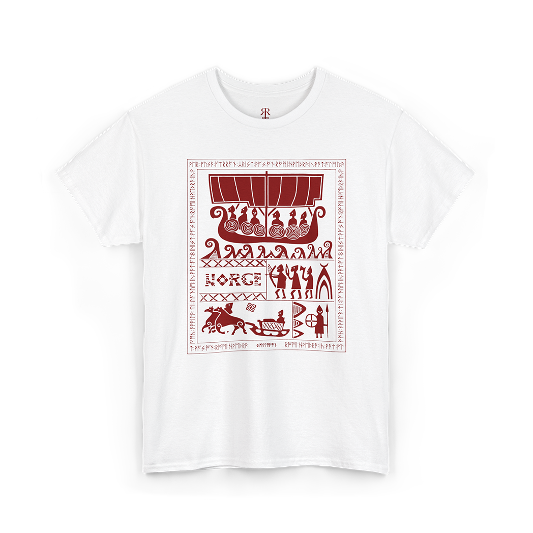 White Norge shirt vith viking imagery in red print, as worn by Varg Vikernes of Burzum.