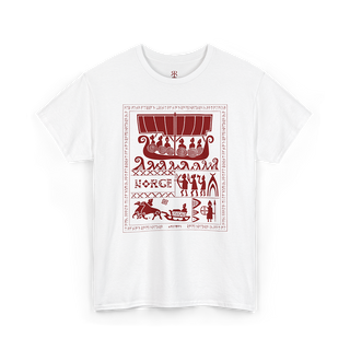 White Norge shirt vith viking imagery in red print, as worn by Varg Vikernes of Burzum.