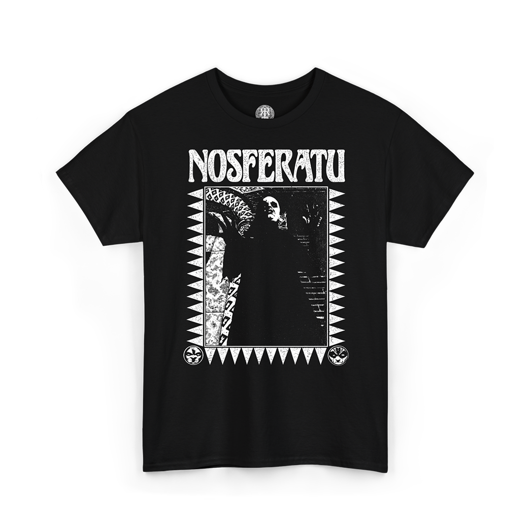A black short-sleeve t-shirt with a white graphic print featuring the word 'NOSFERATU' and a gothic illustration of a figure in a large hat, displayed on a solid white background.
