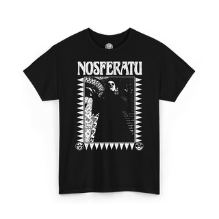 A black short-sleeve t-shirt with a white graphic print featuring the word 'NOSFERATU' and a gothic illustration of a figure in a large hat, displayed on a solid white background.
