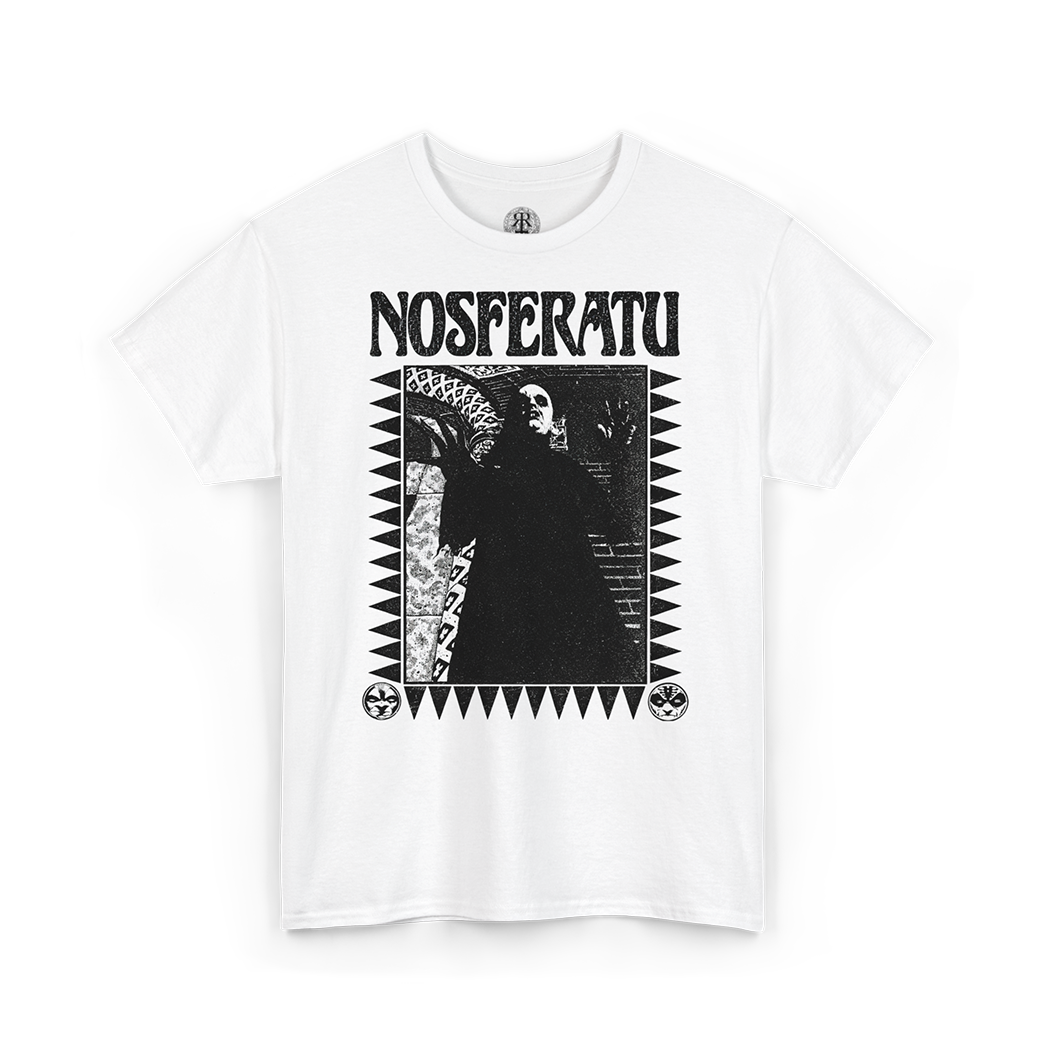 A white short-sleeve crewneck t-shirt featuring a black graphic print of the Nosferatu character Dracula with the word 'NOSFERATU' printed above, displayed on a clean white background.