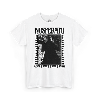 A white short-sleeve crewneck t-shirt featuring a black graphic print of the Nosferatu character Dracula with the word 'NOSFERATU' printed above, displayed on a clean white background.
