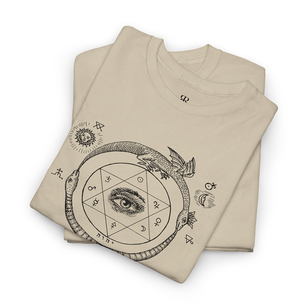Beige Omnia Unus Est t-shit showing 0ccult medieval woodcut of ouroboros and vast array of alchemical symbolism.