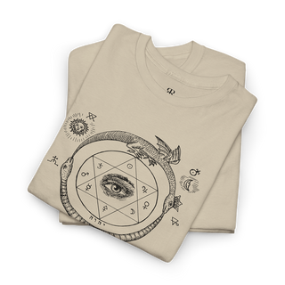 Beige Omnia Unus Est t-shit showing 0ccult medieval woodcut of ouroboros and vast array of alchemical symbolism.