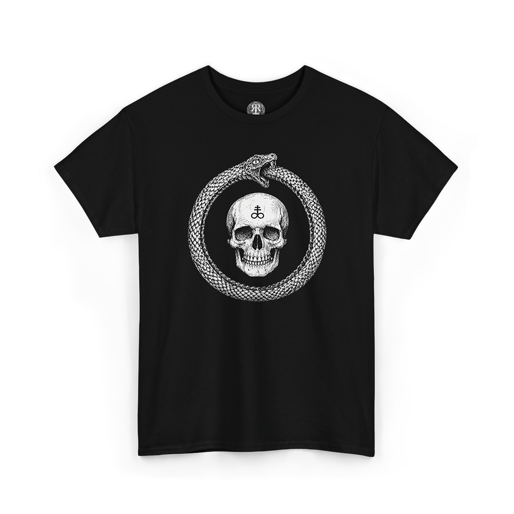 Black crew neck t-shirt with a graphic of a skull in the center, surrounded by a ouroboros symbol.