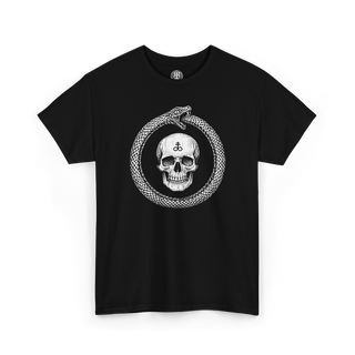 Black crew neck t-shirt with a graphic of a skull in the center, surrounded by a ouroboros symbol.
