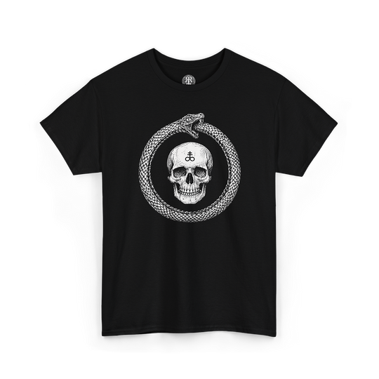 Black crew neck t-shirt with a graphic of a skull in the center, surrounded by a ouroboros symbol.