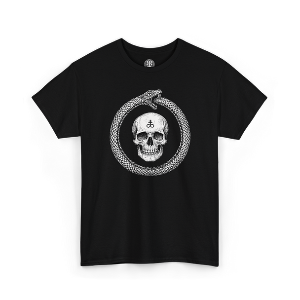 Black crew neck t-shirt with a graphic of a skull in the center, surrounded by a ouroboros symbol.