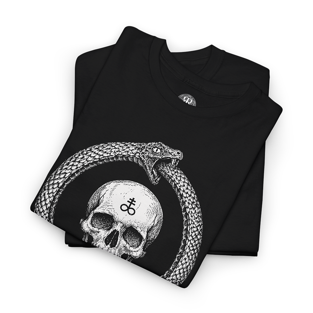 Folded Black crew neck t-shirt with a graphic of a skull in the center, surrounded by a ouroboros symbol.