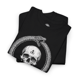 Folded Black crew neck t-shirt with a graphic of a skull in the center, surrounded by a ouroboros symbol.