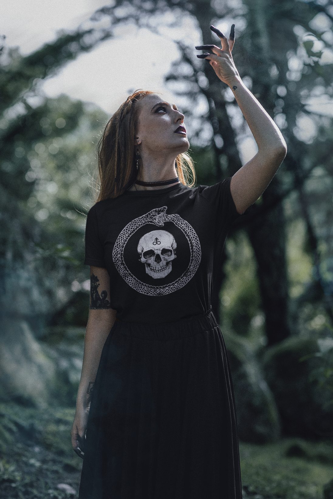 Woman wearing Ouroboros Skull T-Shirt