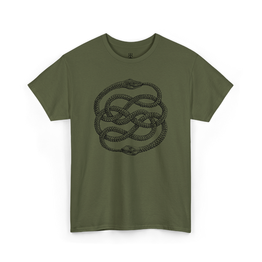 A olive green crew neck t-shirt with a white graphic of the ouroboros symbol in the center.