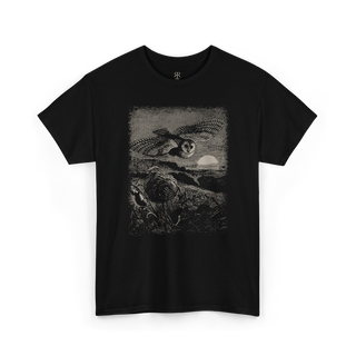 Black t-shirt with a graphic design of an owl  flying over a field