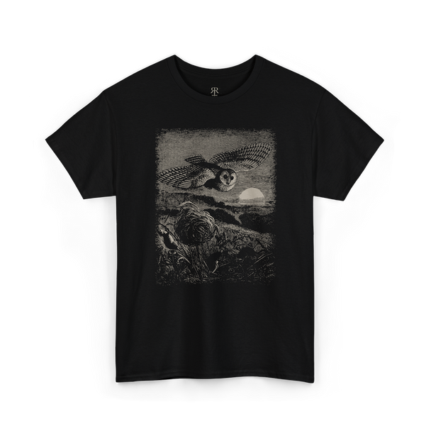 Black t-shirt with a graphic design of an owl  flying over a field