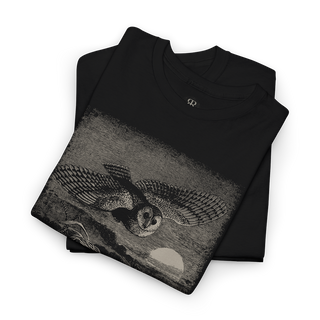 Black t-shirt with a graphic design of an owl  flying over a field