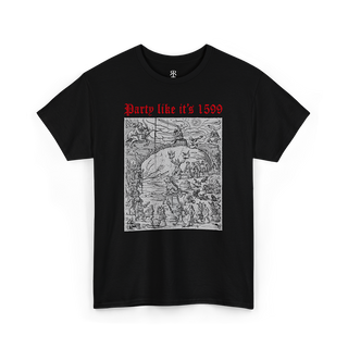 Black t-shirt with a graphic design of the Witches' Sabbath on Walpurgis Night and the text 'Party like it's 1599'.