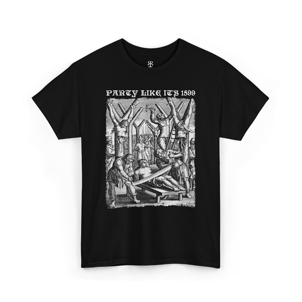 Black crew neck t-shirt with a graphic print of people and text that reads 'PARTY LIKE IT'S 1599'.