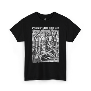 Black crew neck t-shirt with a graphic print of people and text that reads 'PARTY LIKE IT'S 1599'.