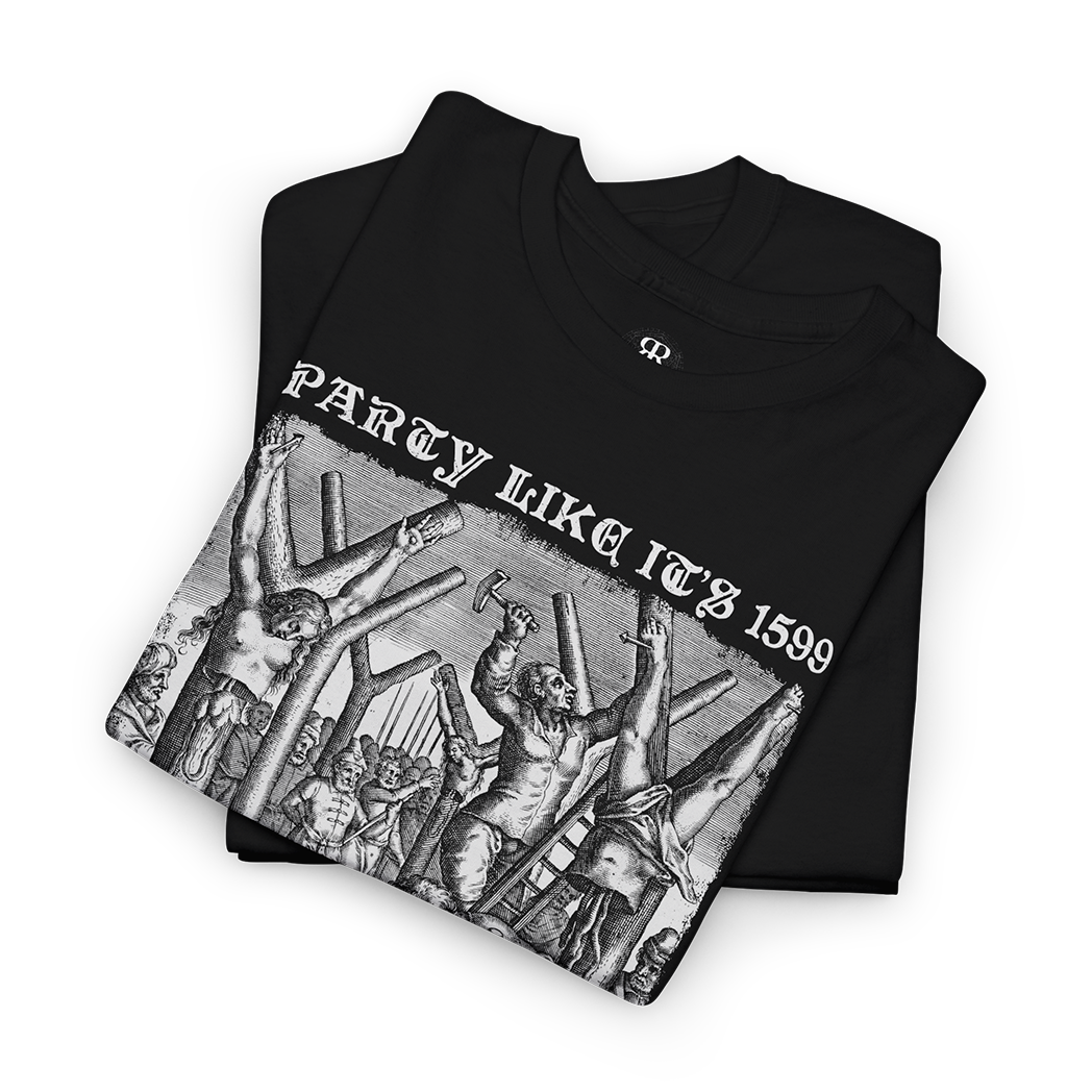Black crew neck t-shirt with a graphic print of people and text that reads 'PARTY LIKE IT'S 1599'.