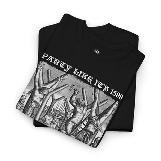 Black crew neck t-shirt with a graphic print of people and text that reads 'PARTY LIKE IT'S 1599'.