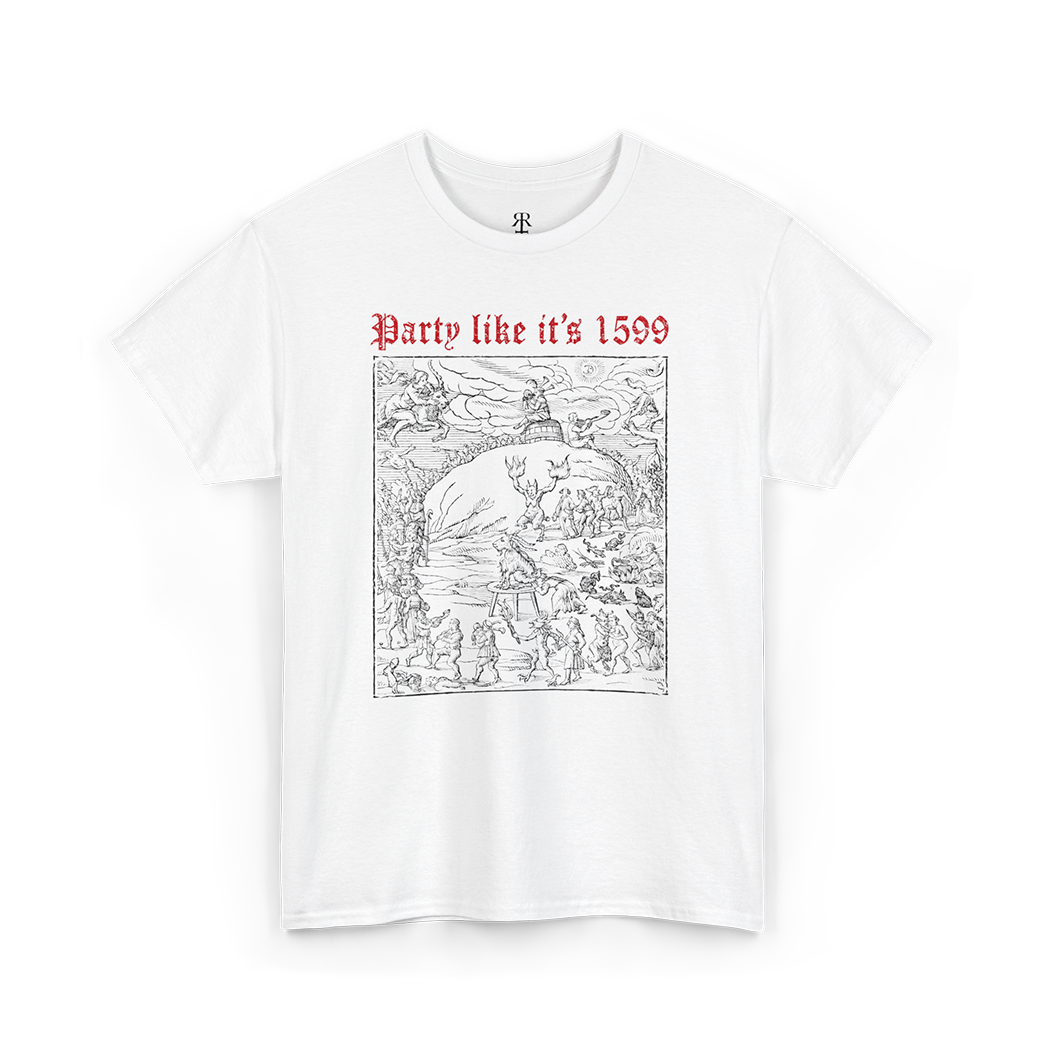 White t-shirt with a graphic design of the Witches' Sabbath on Walpurgis Night and the text 'Party like it's 1599'.