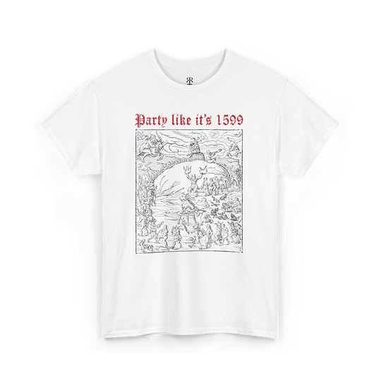 White t-shirt with a graphic design of the Witches' Sabbath on Walpurgis Night and the text 'Party like it's 1599'.
