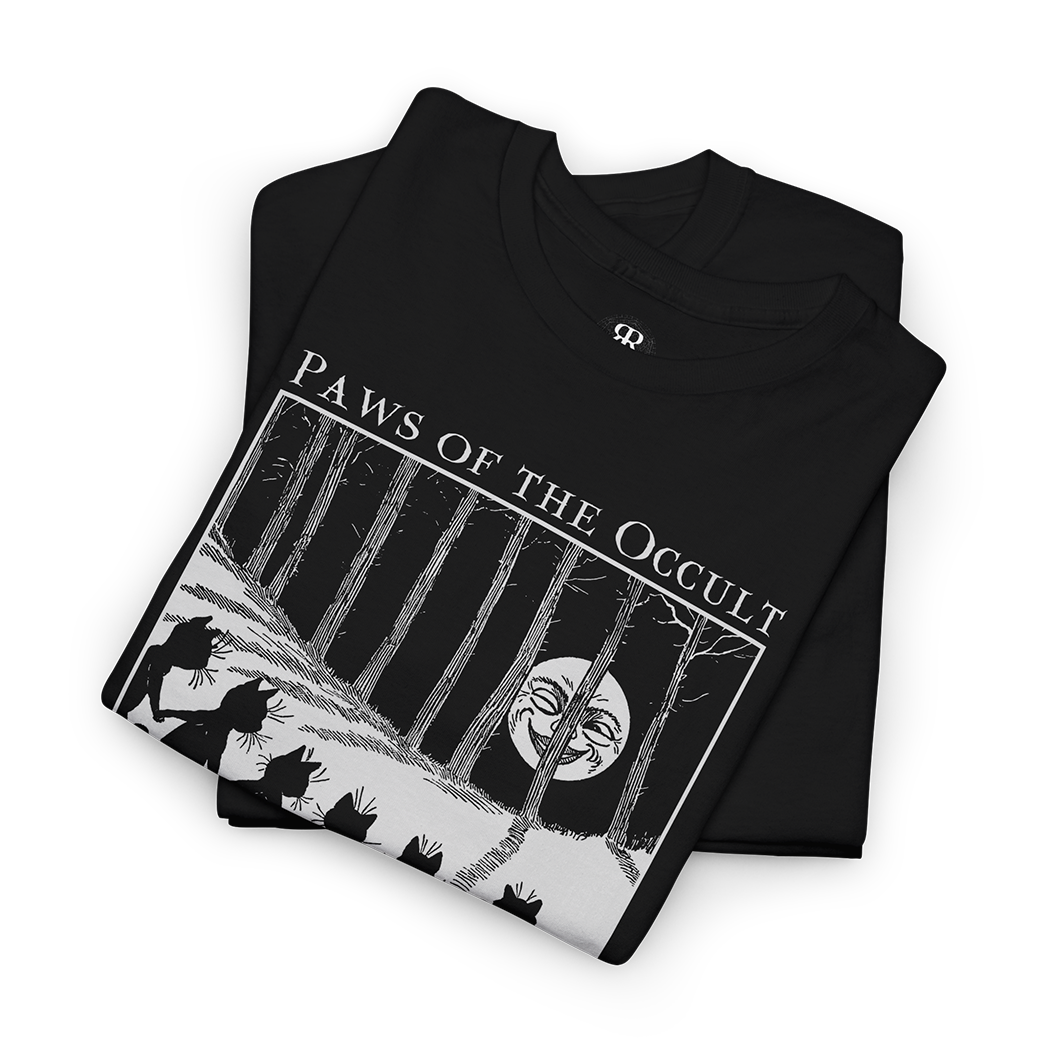 Black crew neck t-shirt with a graphic print of a cat dancing in the moonlight, saying paws of the occult
