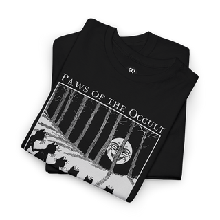 Black crew neck t-shirt with a graphic print of a cat dancing in the moonlight, saying paws of the occult
