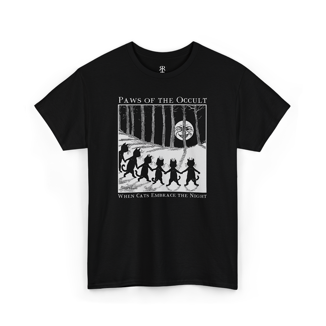Black crew neck t-shirt with a graphic print of a cat dancing in the moonlight, saying paws of the occult