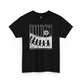 Black crew neck t-shirt with a graphic print of a cat dancing in the moonlight, saying paws of the occult